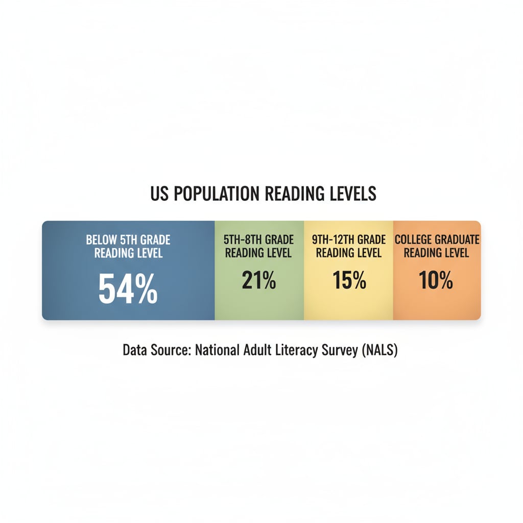 A graph presenting the percentage of the US population at different reading levels, clearly showing the large proportion with reading levels below the fifth grade. Graph showing the percentage of US population with various reading levels related to functional illiteracy, reading comprehension, and education crisis