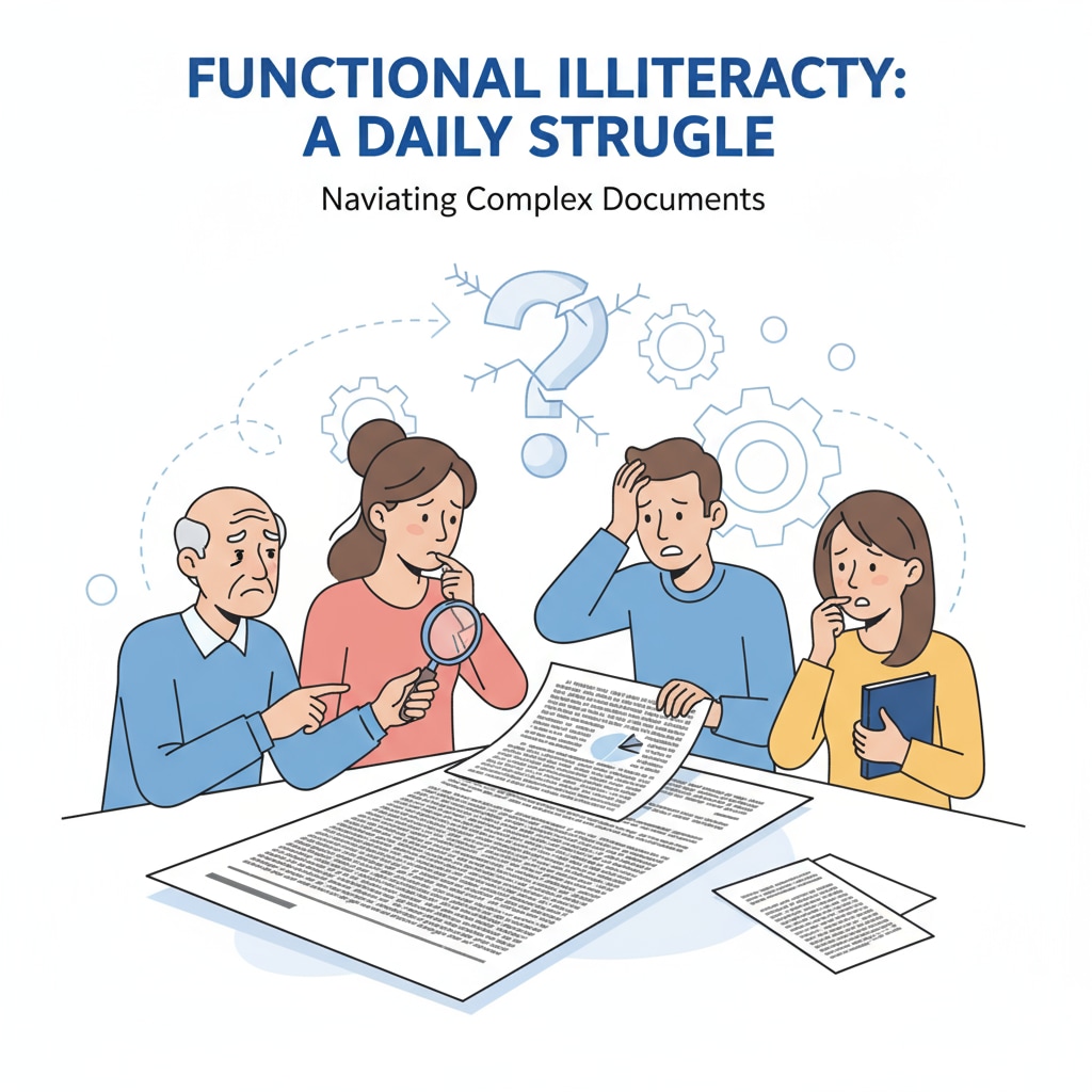 A picture of a group of people looking confused and frustrated while trying to read a complex document, highlighting the difficulties faced by functionally illiterate individuals. A group of people struggling with reading a document, indicating the challenges of functional illiteracy in reading comprehension within the education crisis context