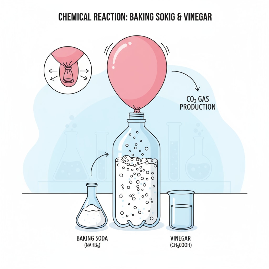 A plastic bottle with a balloon attached. The balloon is being inflated as a result of the chemical reaction between baking soda and vinegar. Science experiment of balloon inflation for primary school students in science exhibition