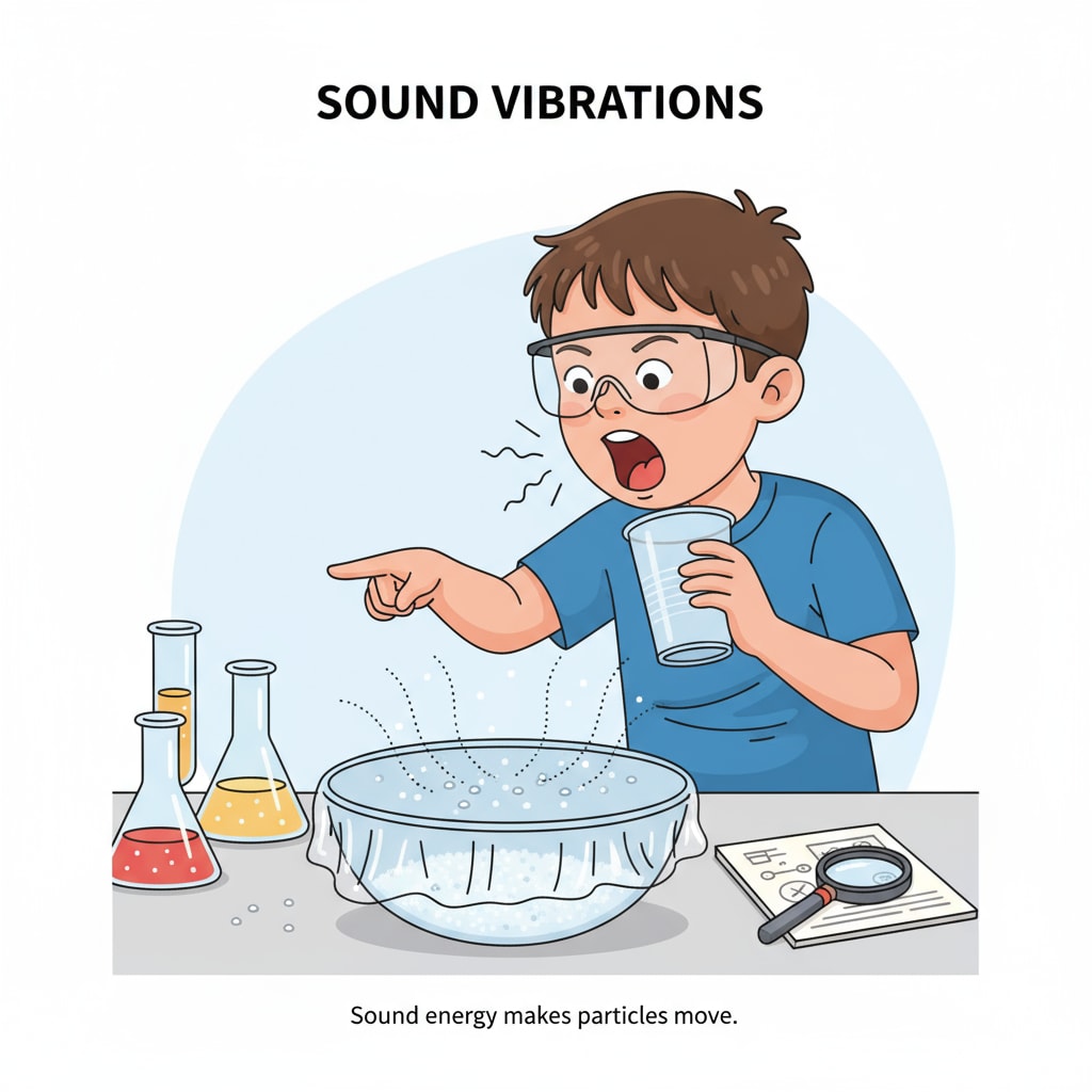 A child is looking at salt moving on a plastic wrap-covered bowl while making a loud noise. Dancing salt experiment for primary school students in science exhibition