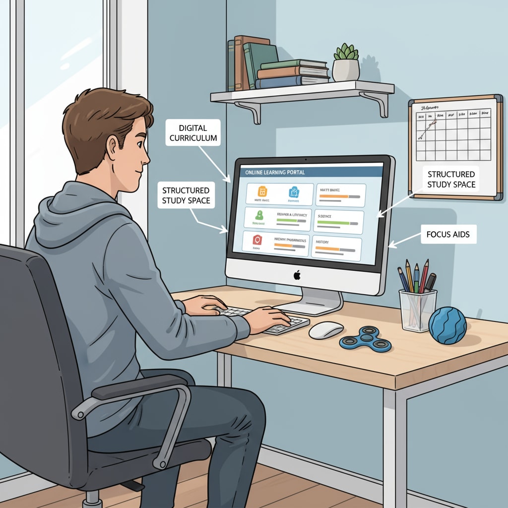 A person is sitting at a desk, looking intently at a computer screen filled with online learning materials related to basic education. There are signs of ADHD management tools nearby, like a fidget toy. An ADHD adult engaged in online learning of basic education