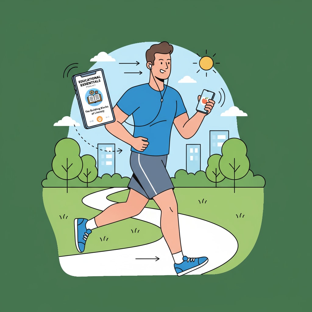 A person is jogging while listening to a podcast on a mobile device. The podcast title on the screen is related to basic education topics. An ADHD adult using a podcast for learning basic education during physical activity