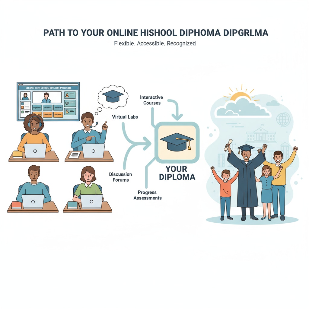 An illustration depicting students engaged in online high school studies to obtain their diplomas. Students studying online for high school diplomas