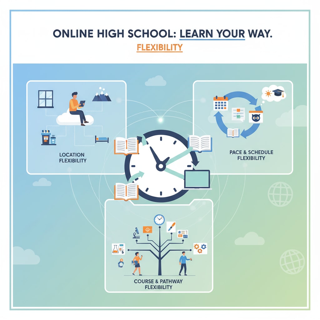 A visual representation highlighting the flexibility aspect of online high school learning. Flexibility of online high school learning