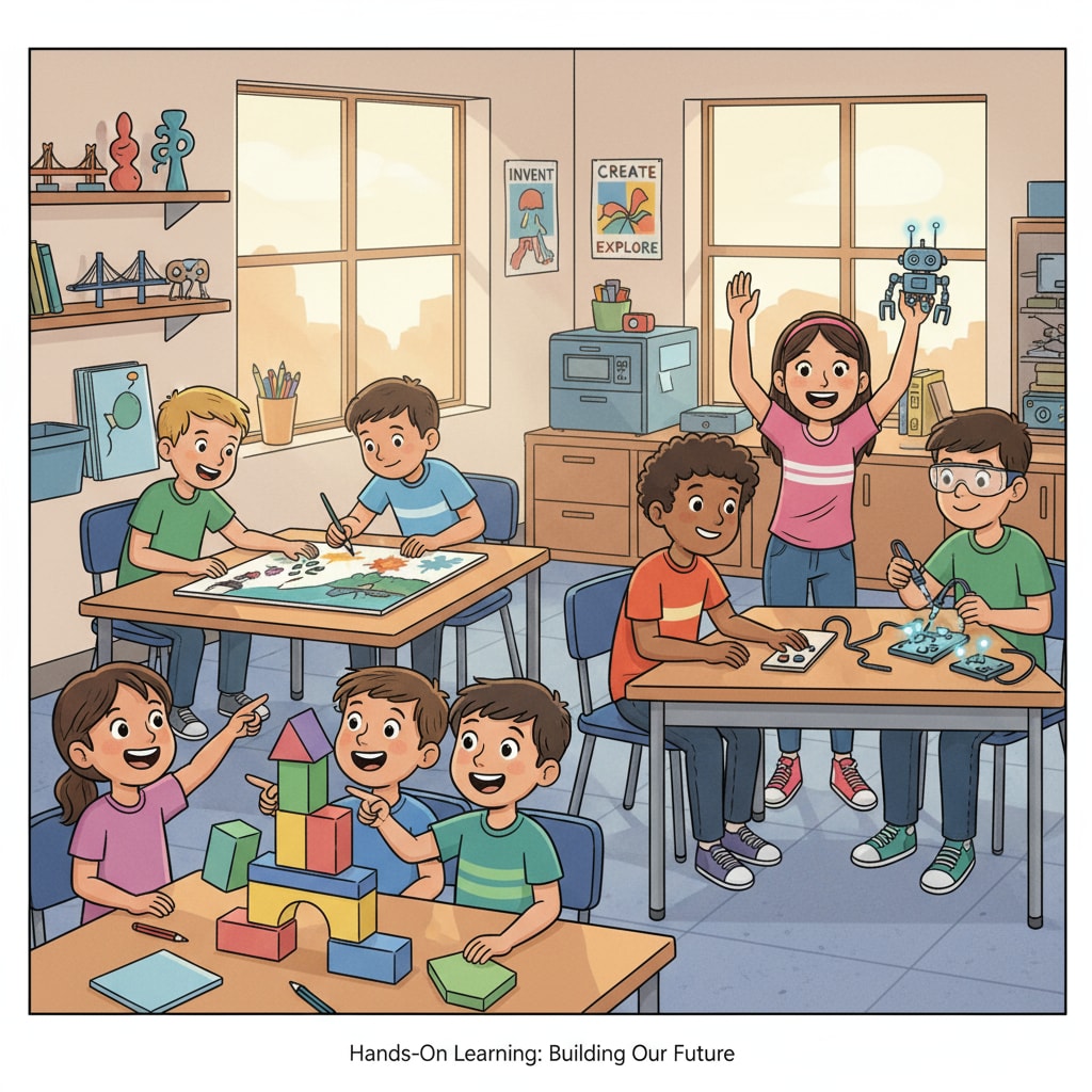 A group of K12 students are actively involved in a hands-on activity in a creative classroom setting, with smiles on their faces, indicating high levels of engagement. K12 students actively participating in a creative classroom activity related to teacher interviews, creative courses, and student engagement