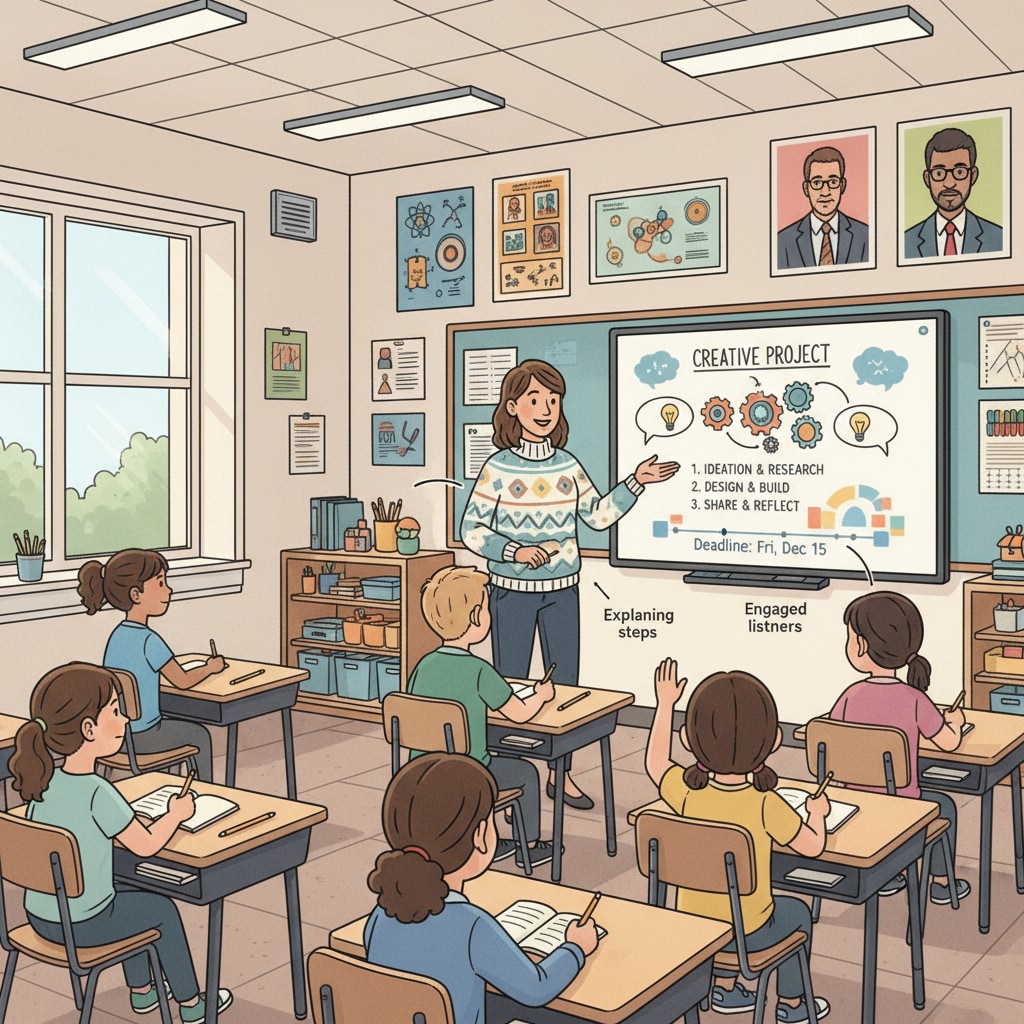 A teacher is standing in front of a group of K12 students, explaining the details of a creative project, with students listening intently. Teacher explaining a creative project to K12 students in the context of teacher interviews, creative courses, and student engagement