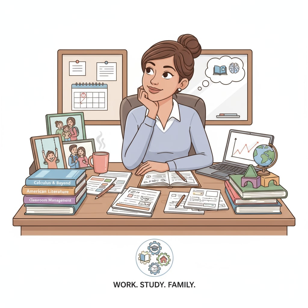 A K12 teacher is seen sitting at a desk, surrounded by teaching materials, books for study, and family photos, deep in thought, representing the juggling act of work, study, and family. K12 teacher balancing work, study, and family life