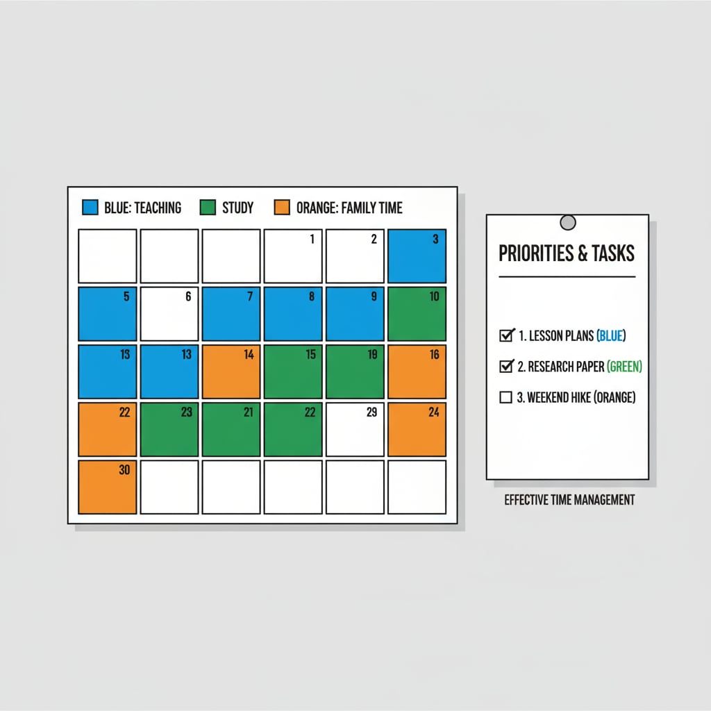 A calendar with distinct colored blocks for teaching, study, and family time, accompanied by a to-do list, highlighting effective time management. Calendar and to-do list for time management in work, study, and family