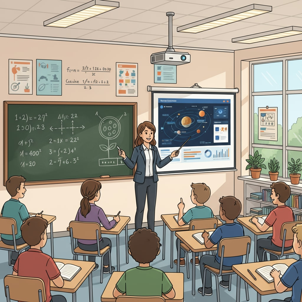 A classroom scene where a teacher is using a blackboard and a digital projector simultaneously, showing the coexistence of traditional and modern teaching tools. A classroom with traditional blackboard and modern digital projector for teaching