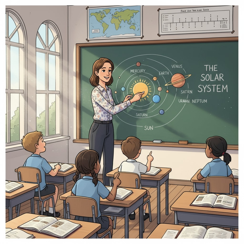 A teacher is writing on a blackboard in a traditional classroom setting, emphasizing the use of traditional teaching methods. A teacher using traditional blackboard teaching method