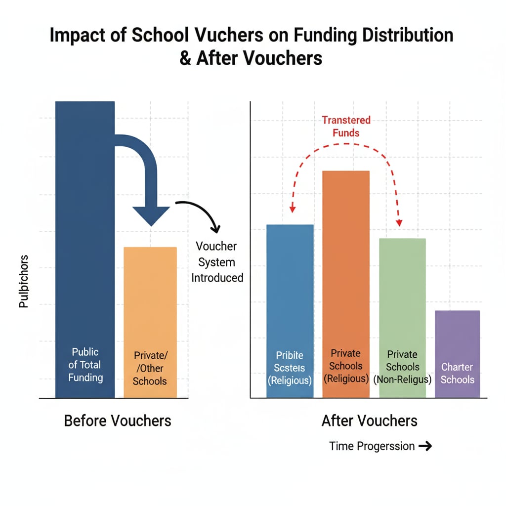 A graph that visually represents how school vouchers might cause a transfer of funds from public schools to other types of schools, with different colored bars showing the before and after scenarios. Graph showing the potential shift of funds due to school vouchers and its impact on public school funding