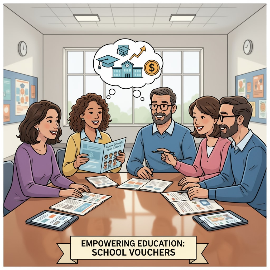 A group of parents are gathered around a table, looking at brochures and discussing different school options available with the help of school vouchers. Parents discussing school choices enabled by school vouchers and its relation to public school funding