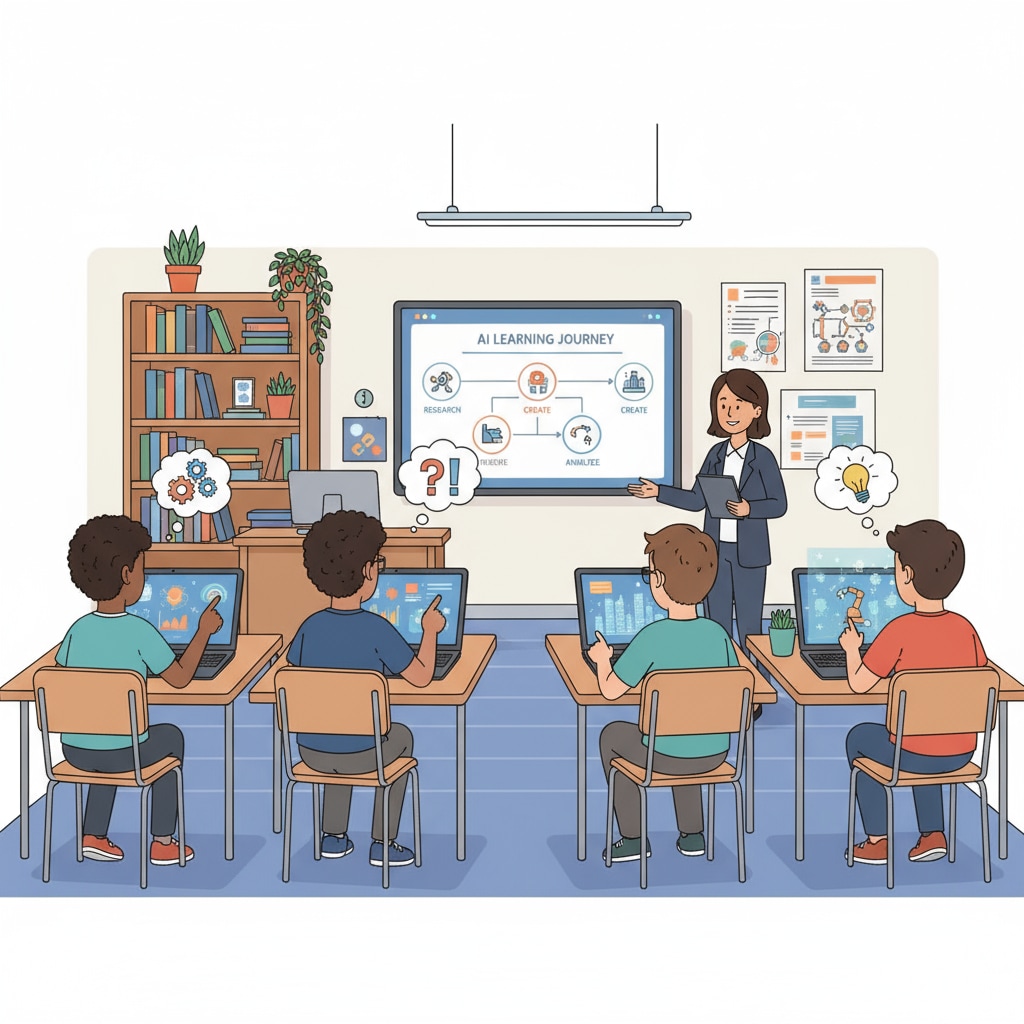 Students are shown using AI tools in a classroom, with laptops open and engaged in learning activities. Students using AI tools in a classroom related to AI policies, academic integrity, and skill values