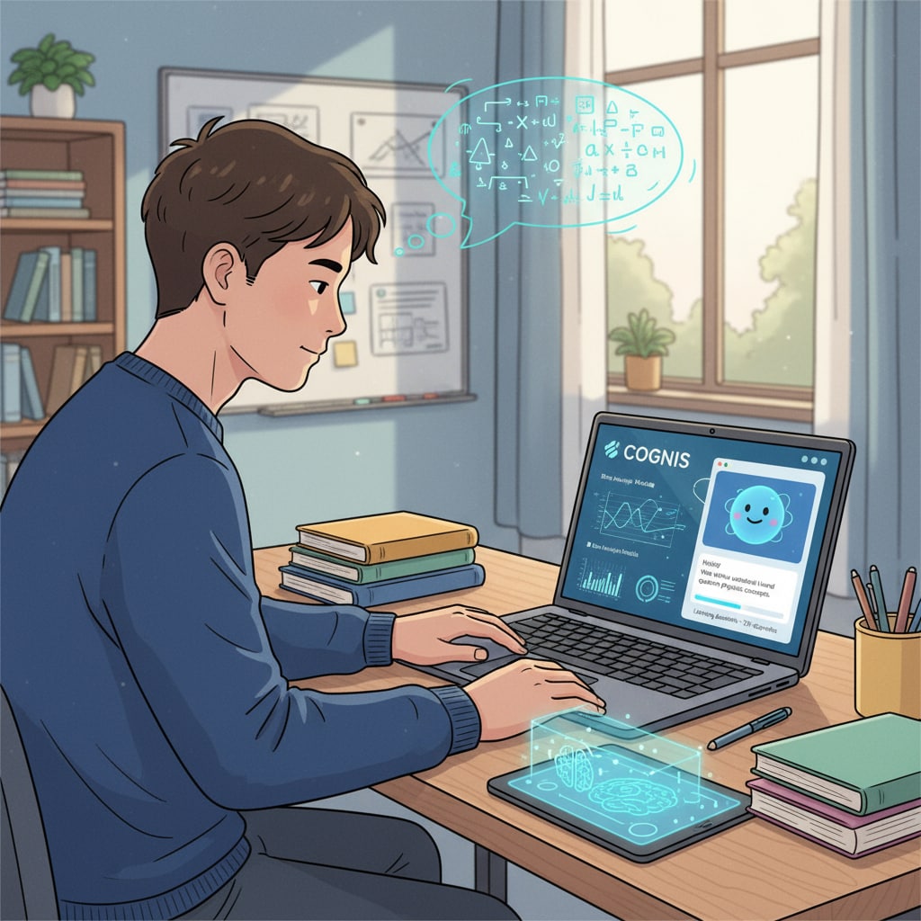 A student is sitting at a desk, concentrating on a laptop with an AI application clearly visible on the screen. A student using AI on a laptop in an academic setting, highlighting AI policies, academic integrity, and skill values