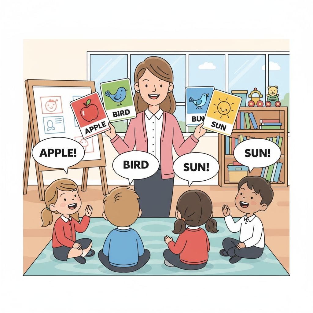 A teacher is using colorful flashcards to teach English words to lower primary students. The students are attentively looking at the flashcards and repeating the words. Teacher using flashcards to teach English to lower primary students