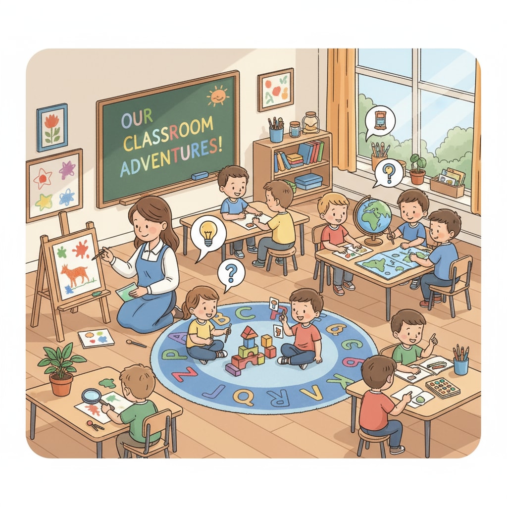 A group of kindergarten children are engaged in various learning activities in the classroom, with an atmosphere of active learning. Kindergarten children in a learning environment related to gifted classes and education policy