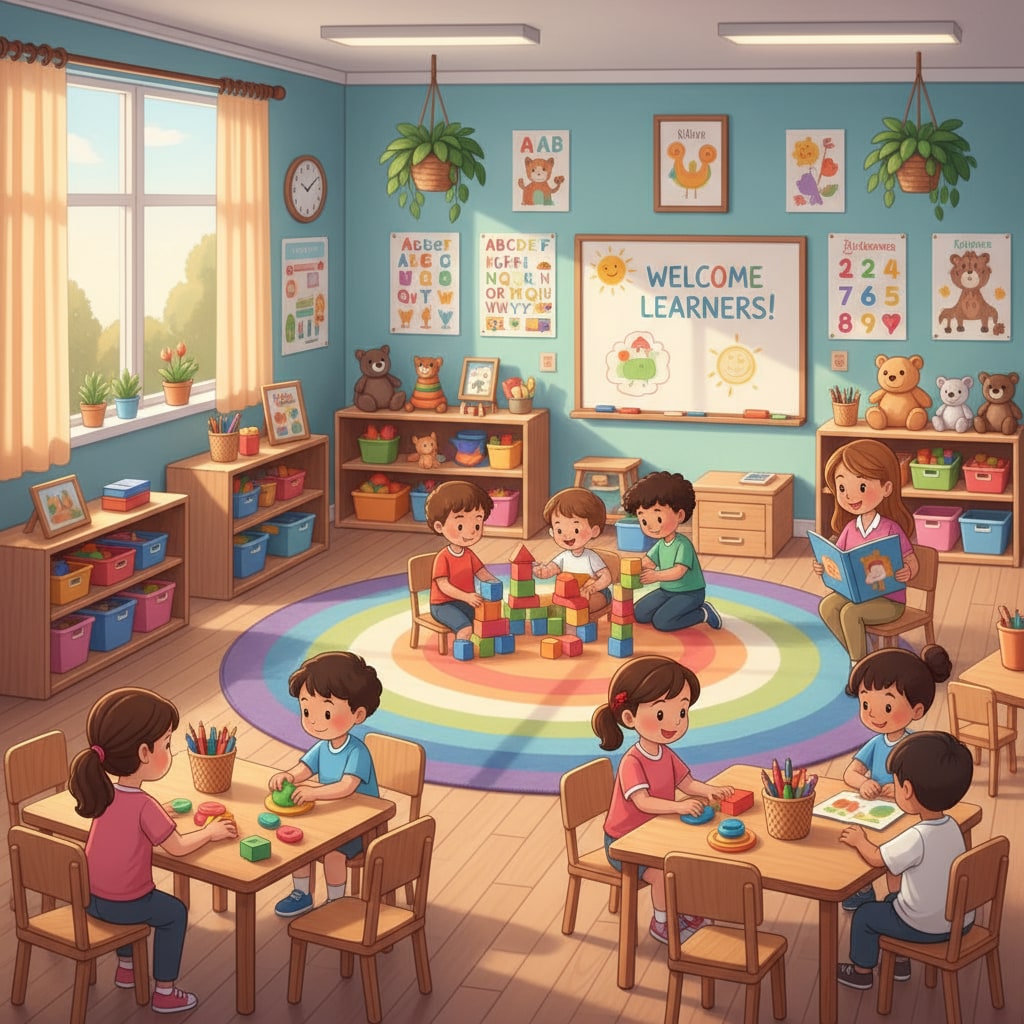 A kindergarten classroom filled with colorful educational materials, showing a positive learning setting. Kindergarten classroom with educational resources relevant to gifted classes and education policy