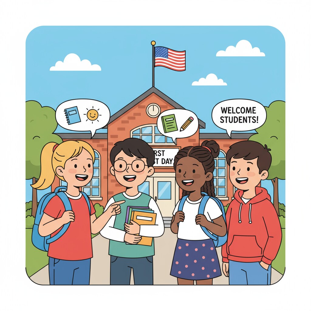 A group of students smiling and chatting on the first day of school, showing a positive start to the transition. Students adapting to a new school environment