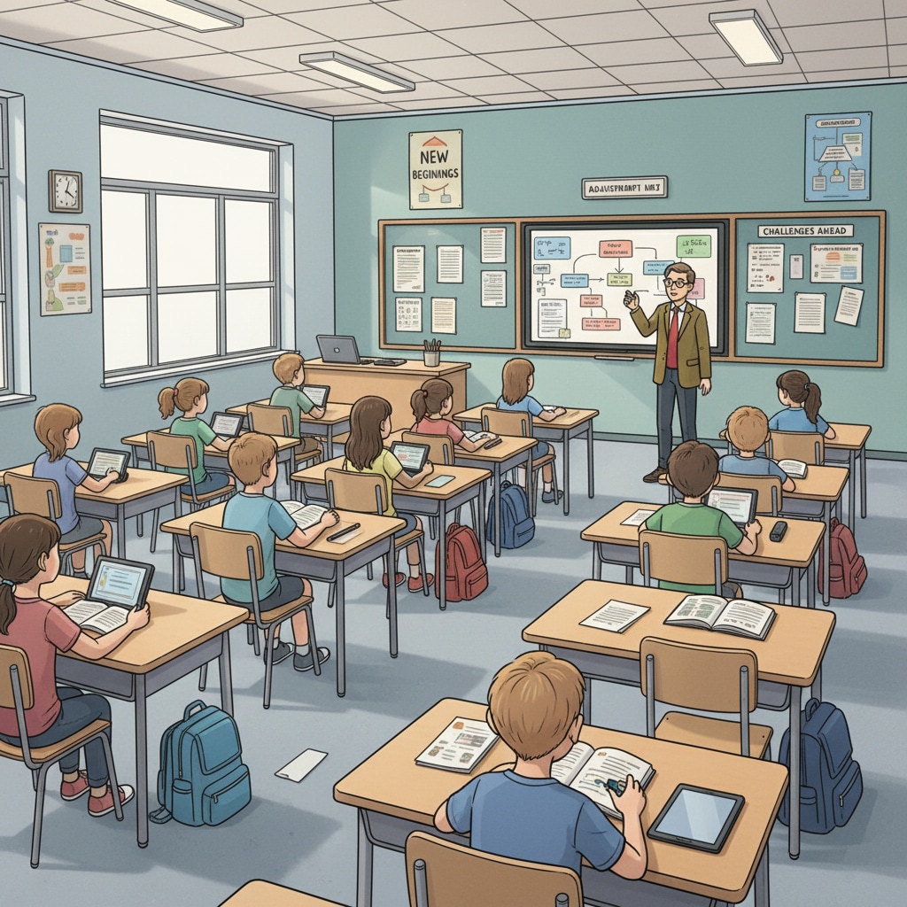 Students sitting at desks, looking a bit overwhelmed in a new classroom, depicting the challenges of the transition. Students facing challenges in a new classroom during transition