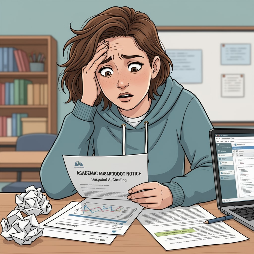 A close-up of a student with a worried expression, sitting at a desk with papers related to an AI cheating accusation. Worried student after being falsely accused of AI cheating in the context of university liability, false accusations, AI use, and academic penalties