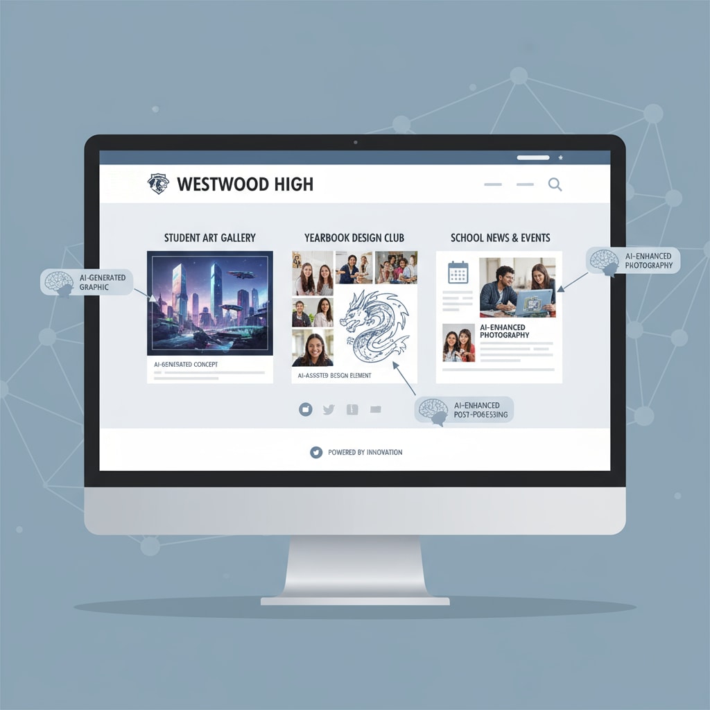 A visual representation showing how AI-generated graphics are incorporated into a high school website layout. AI-generated images enhancing a high school website, related to education ethics