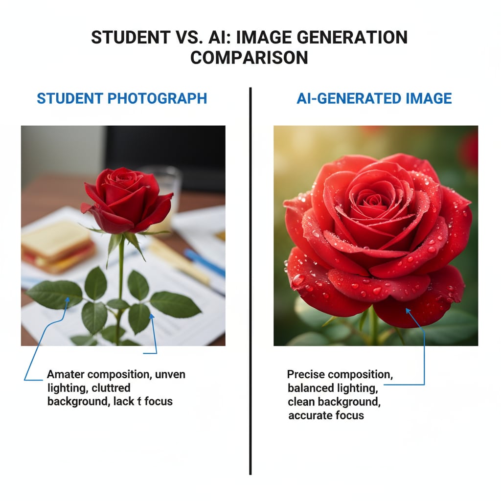 A side-by-side comparison of a photograph taken by a student and an AI-generated image of a similar subject, highlighting the differences. Comparison of real and AI-generated images in the context of school websites and education ethics