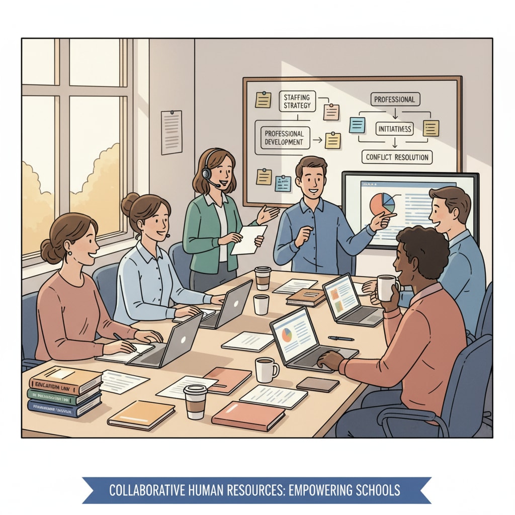 A group of educators and HR staff are engaged in a discussion in a school meeting room, representing the collaborative nature of HR work in a school district. HR staff and educators discussing in a school meeting room related to school district employment and career transition