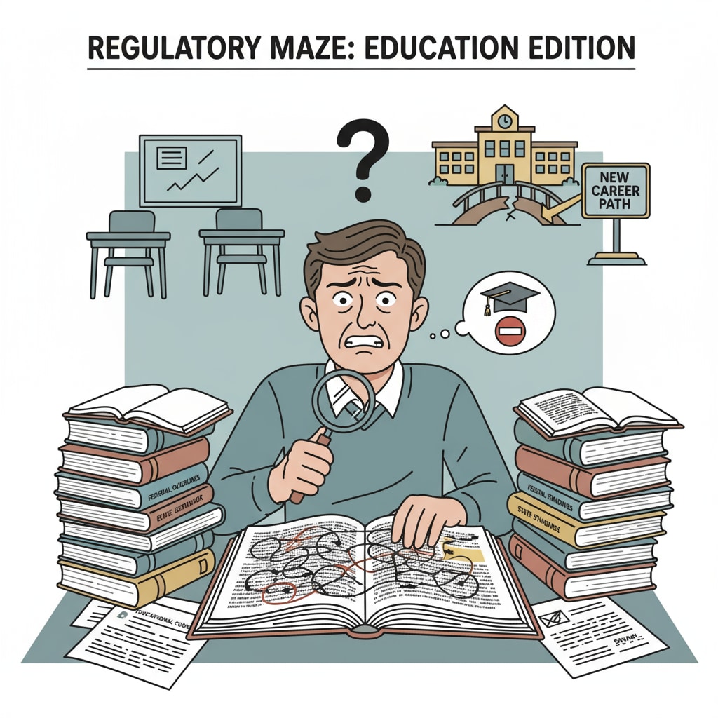 A person is seen looking confused while reading educational regulations, symbolizing the challenges of understanding the complex regulatory environment in education during a career transition. Person confused while reading educational regulations in the context of school district employment and career transition