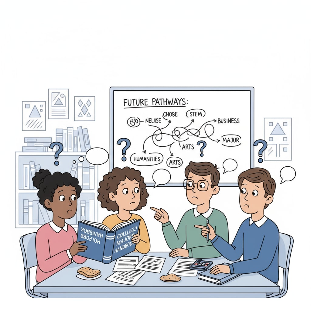 A group of high school students sitting in a classroom, looking confused while discussing college majors High school students confused about college major selection related to interest confusions and career directions