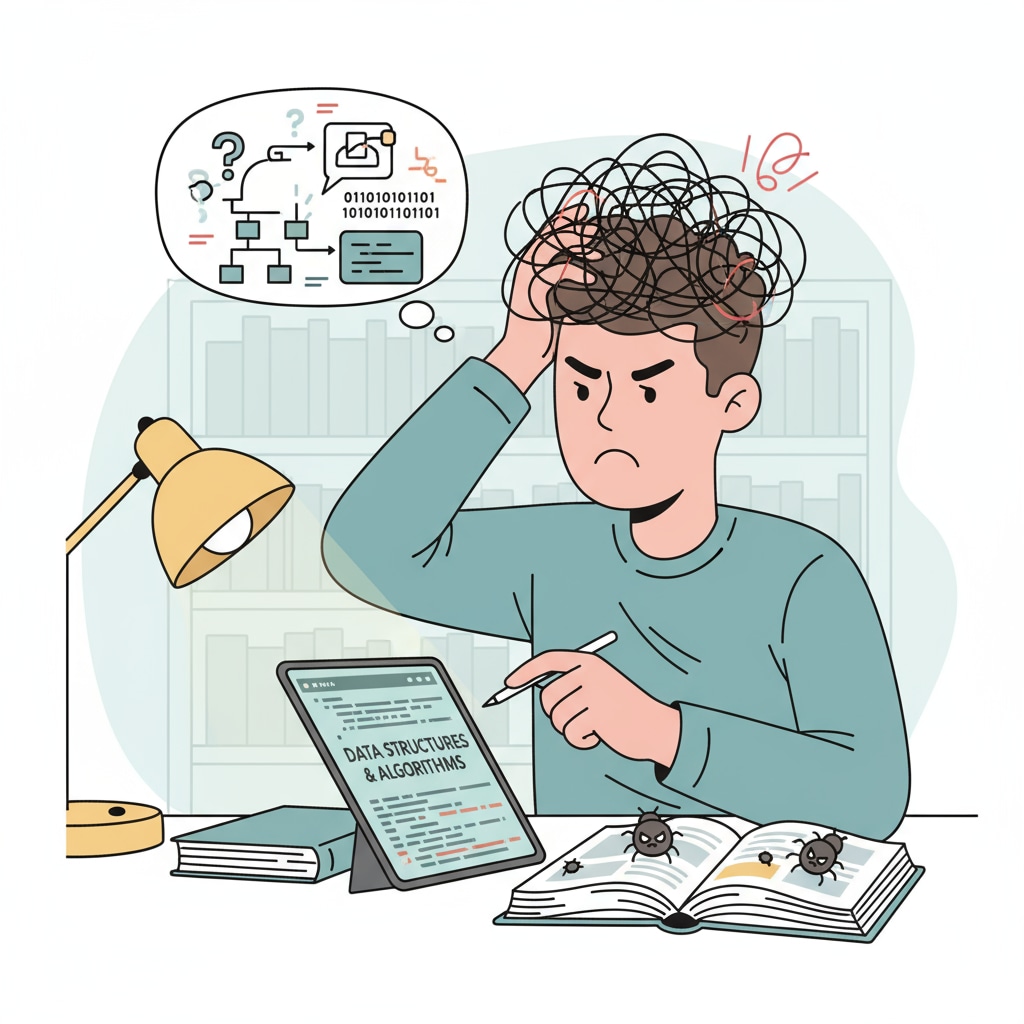 A student looking frustrated while trying to understand a complex coding problem Student frustrated with a coding problem in relation to college major selection and career directions