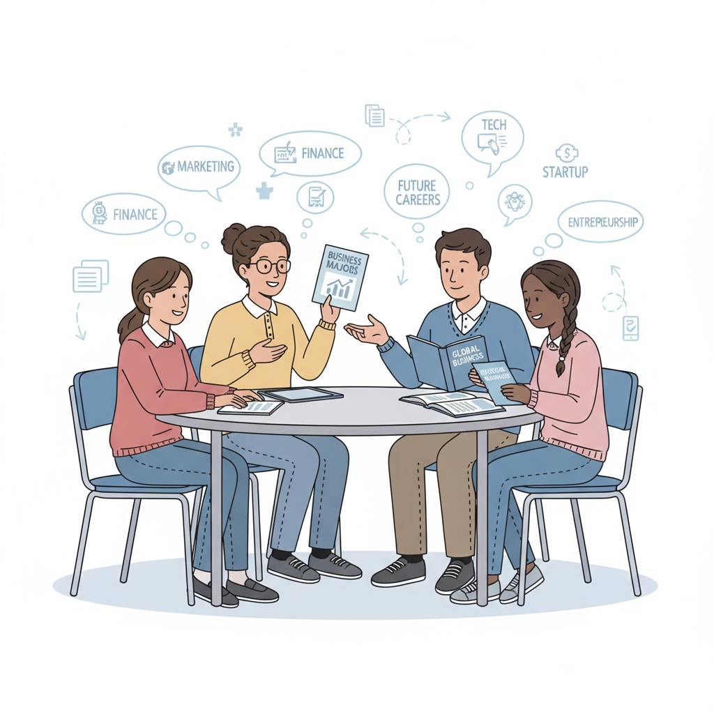 A group of high school students are sitting around a table, discussing different business career options with enthusiasm. Some are holding brochures about business majors. High school students discussing business, higher education, and career planning options