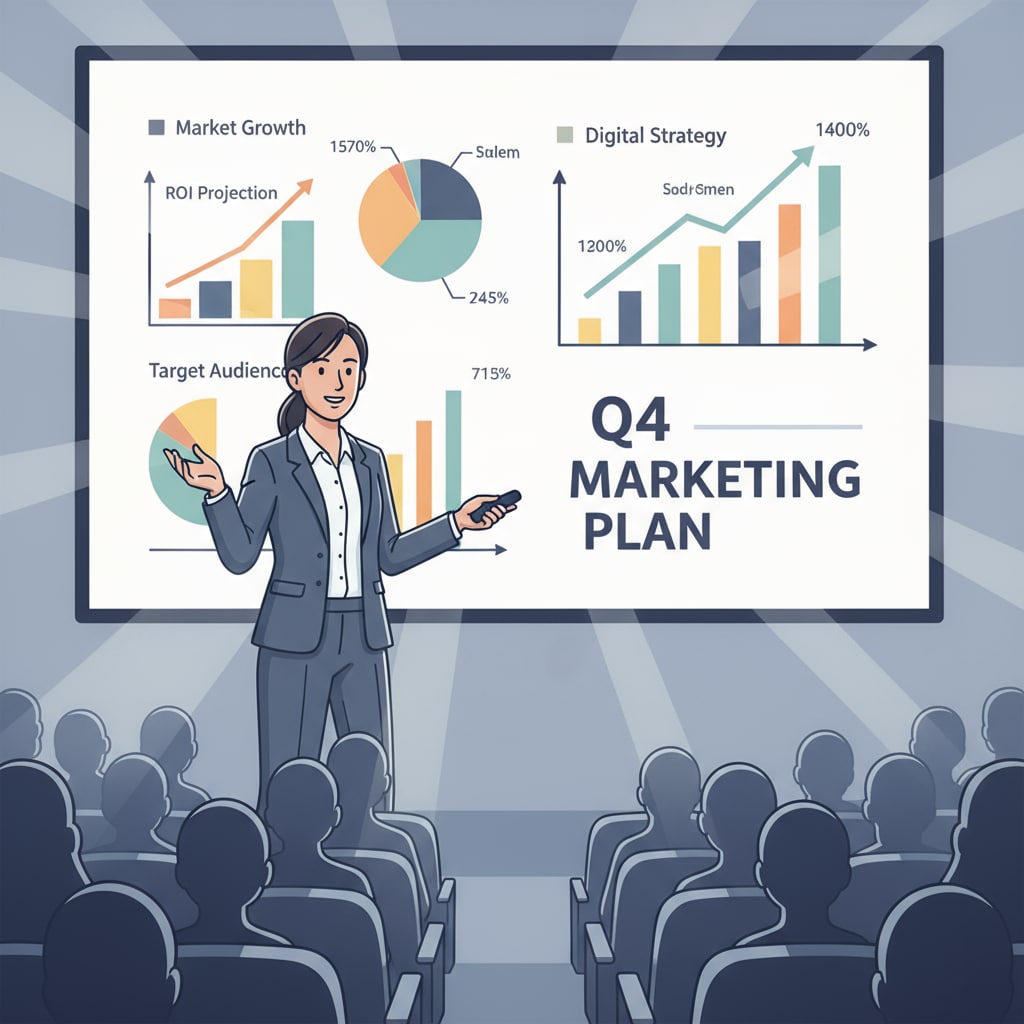 A person is standing in front of a large screen presenting a marketing plan. There are graphs and charts on the screen, but the focus is on the person's presentation skills. A person presenting a marketing plan as part of business, higher education, and career planning