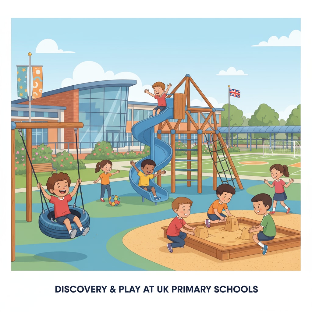 A group of children are playing joyfully in the playground of a UK private primary school, with modern facilities in the background, showing the vibrant environment of these schools. Children playing in a UK private primary school related to bursary opportunities
