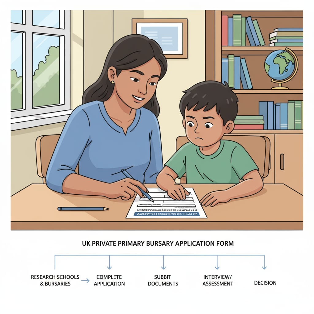A parent and a child are sitting at a table, looking intently at a bursary application form, highlighting the process of applying for bursaries in UK private primary schools. Parent and child reviewing a bursary application form in the context of UK private primary education