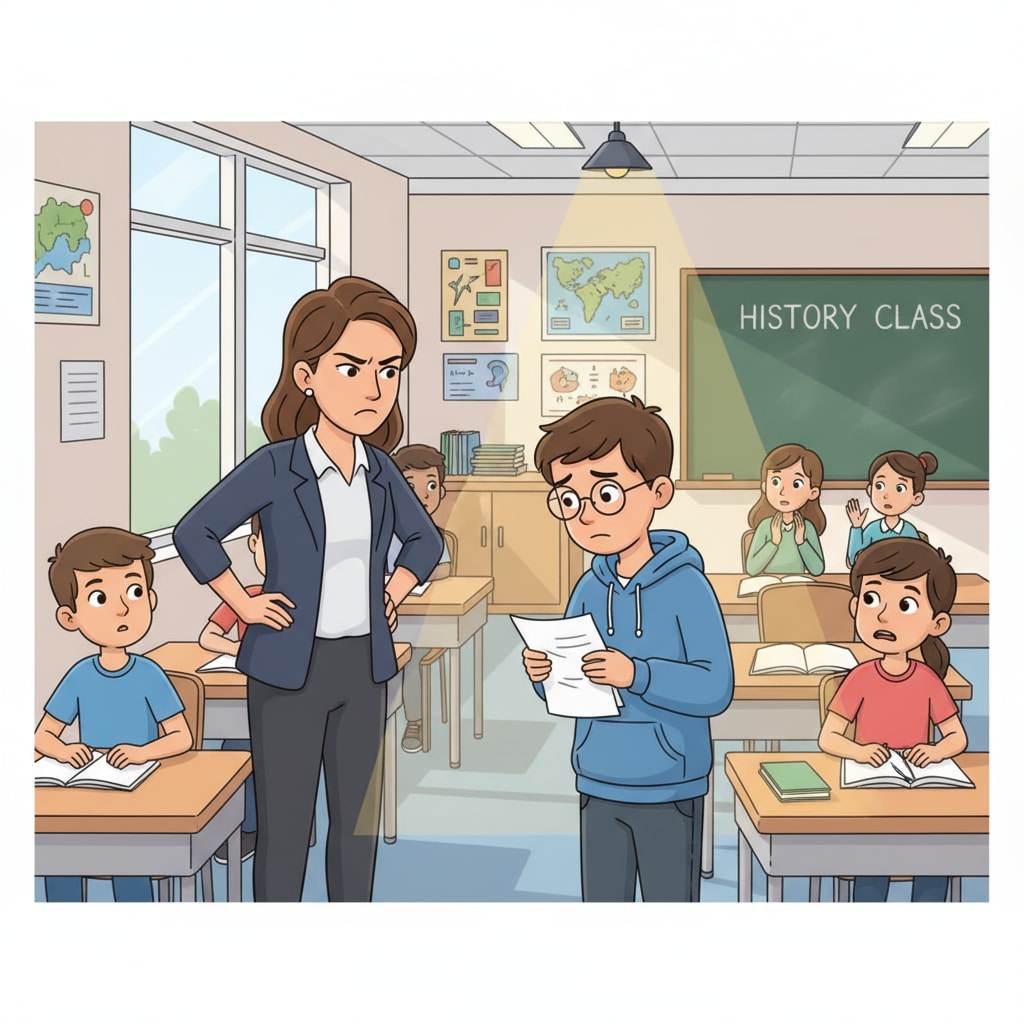 A classroom scene where a teacher is looking sternly at a student while other students watch. This shows how a student can be the subject of a teacher's potentially biased attention. A classroom scene depicting possible teacher bias towards a student.
