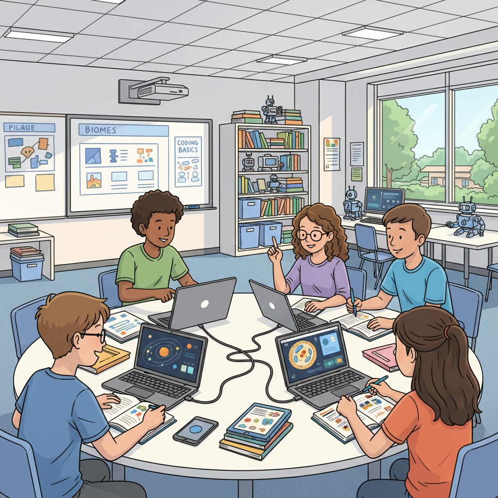 A group of middle school students collaborating on a project in a modern classroom, with digital devices and open learning materials, representing the new educational environment. Modern middle school students collaborating in a classroom related to post-pandemic education and digital age learning