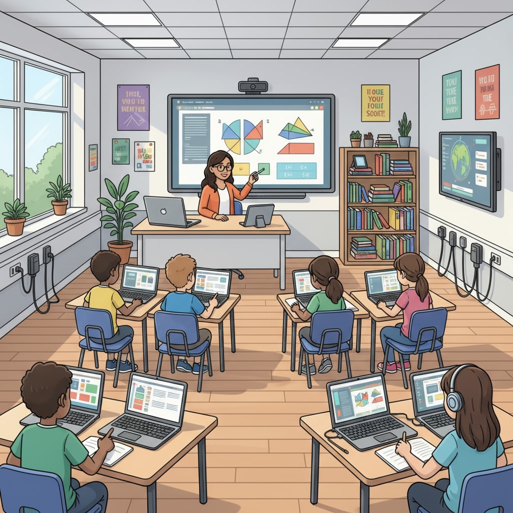 A middle school classroom equipped with digital learning tools such as interactive whiteboards and laptops, highlighting the digital transformation of the classroom. Middle school classroom with digital tools for post-pandemic and digital age learning