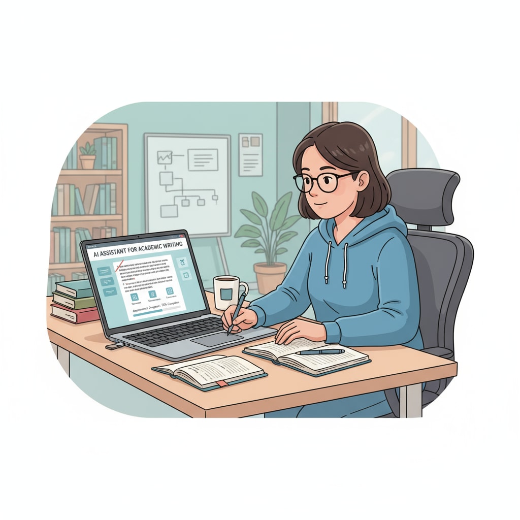 An illustration shows a student sitting at a desk, using a laptop with an AI application open to complete an assignment. The screen displays an AI-generated text and some tools for grammar checking and content generation. A student using an AI tool to complete an assignment, related to AI, assignments, and grade inflation in education