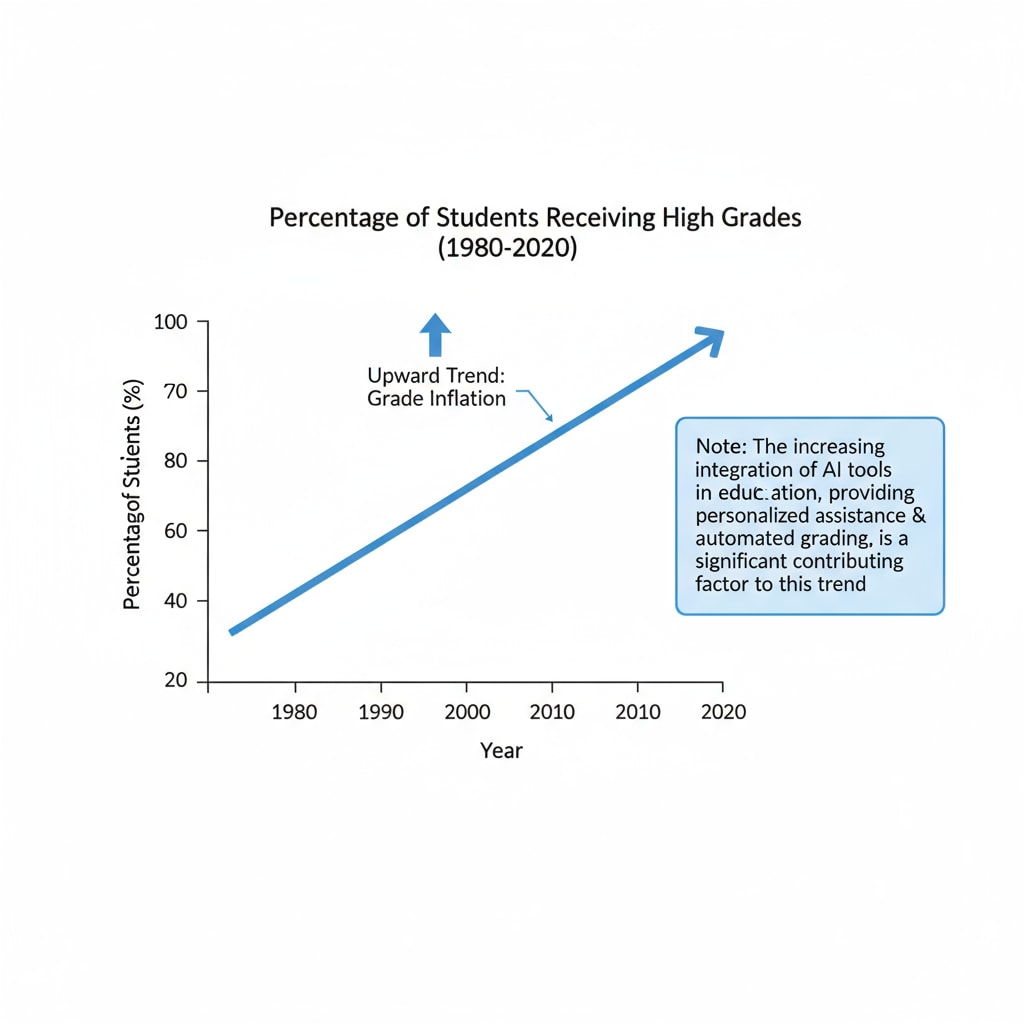 A line graph shows the percentage of students receiving high grades over the years. There is a clear upward trend, indicating grade inflation, and a note beside it mentions the role of AI in education as a contributing factor. A graph depicting the increasing trend of grade inflation due to AI in education, related to AI, assignments, and grade inflation