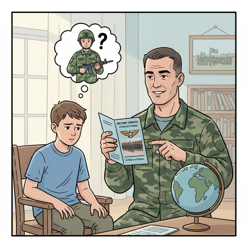 A scene where a young boy looks conflicted while his father is discussing a military career with him. A boy facing the conflict between his father's military career expectation and his own dreams.