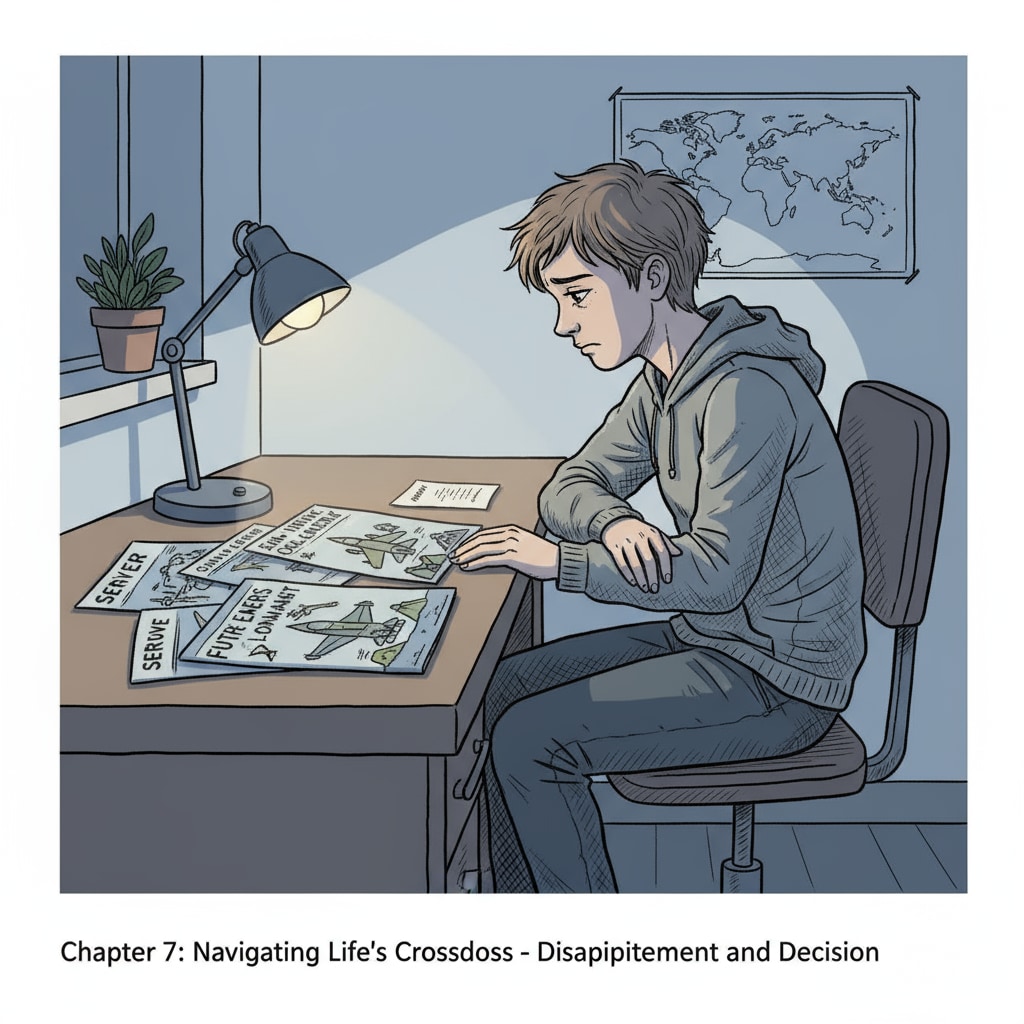 A sad teenager sitting at a desk, frowning while looking at military brochures. A teenager under pressure from his parents' military career expectations.