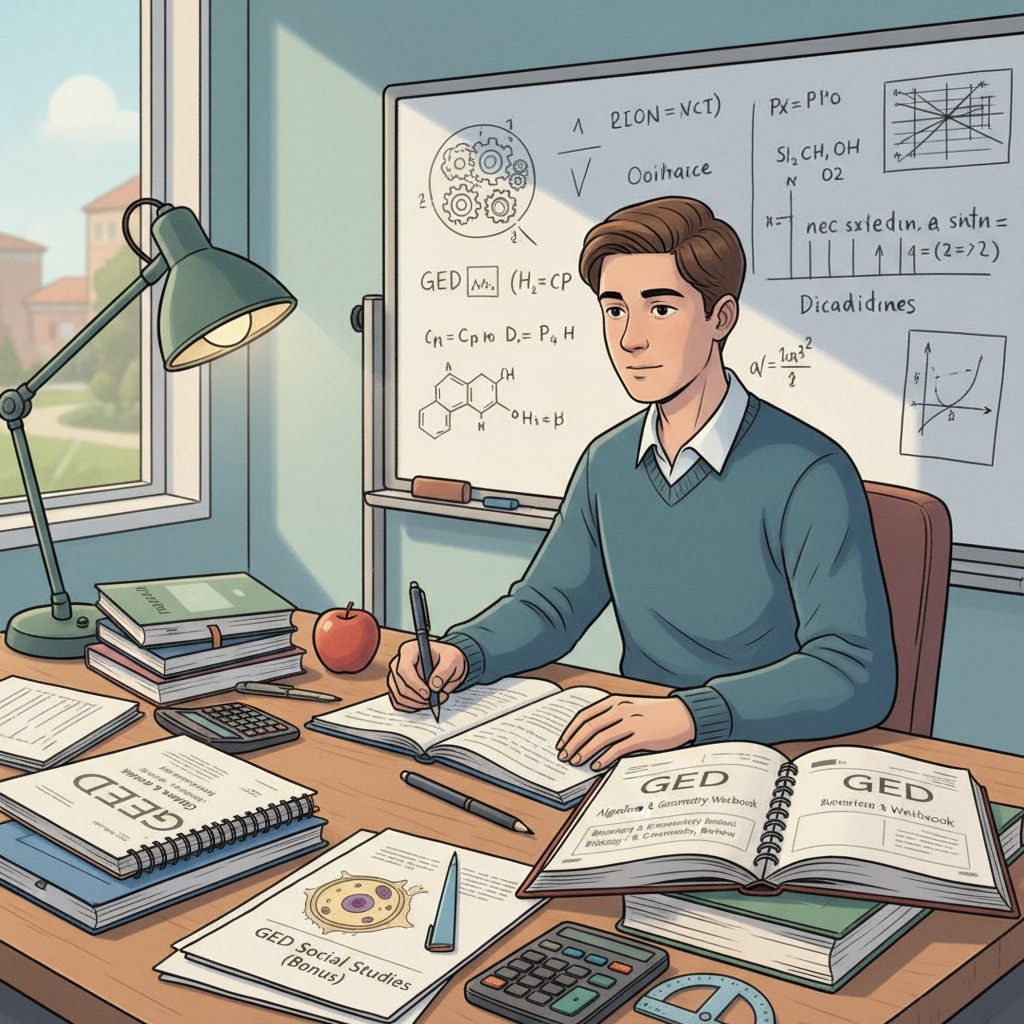 A student is sitting at a desk, surrounded by GED math and science study materials like textbooks and notebooks. Student studying GED math and science materials