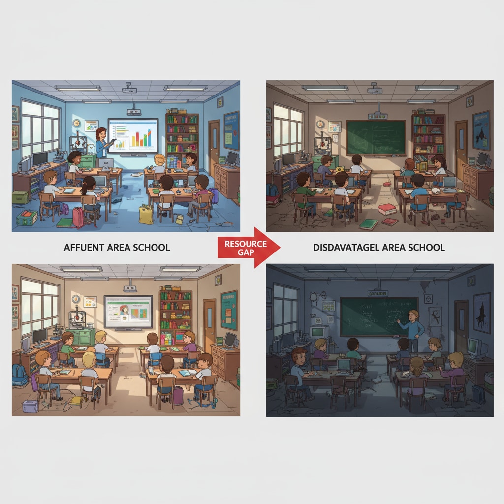 A comparison of a well-equipped classroom in an affluent area and a poorly resourced classroom in a disadvantaged area, highlighting the resource gap in the American school system. Comparison of classrooms in affluent and disadvantaged areas in the American school system for social class screening analysis