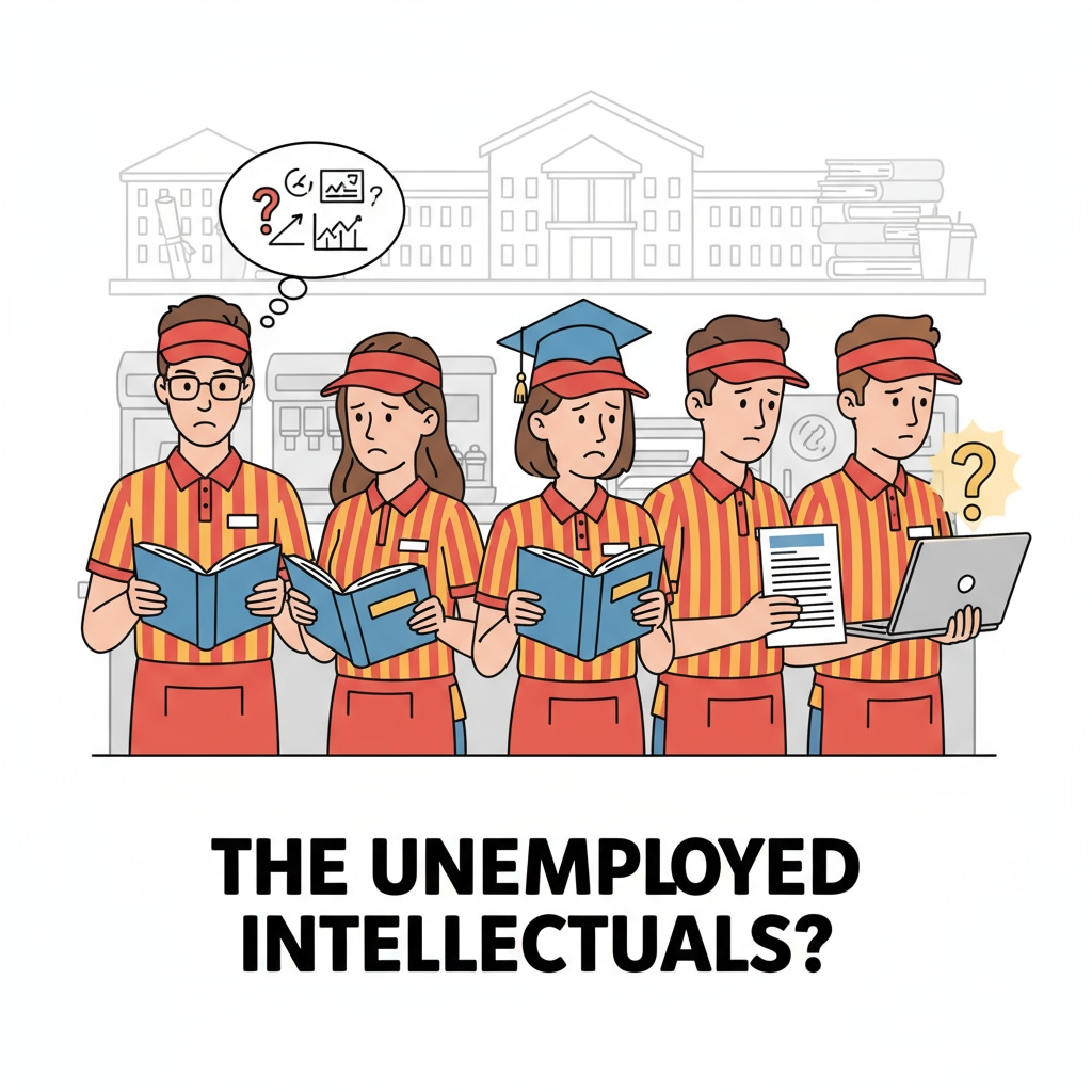 A group of young people wearing fast-food uniforms, some of them are holding books and seem to be in deep thought, symbolizing the confusion of highly educated people in the current job market. University degrees, job market, and career development - young people in fast-food uniforms thinking about their future