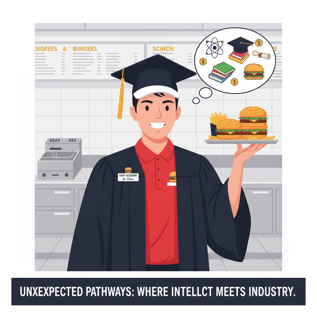 A person wearing a fast-food uniform while also wearing a graduation cap and gown, smiling, showing the unexpected career choice of high-degree holders. University degrees, job market, and career development - a high-degree holder in a fast-food uniform