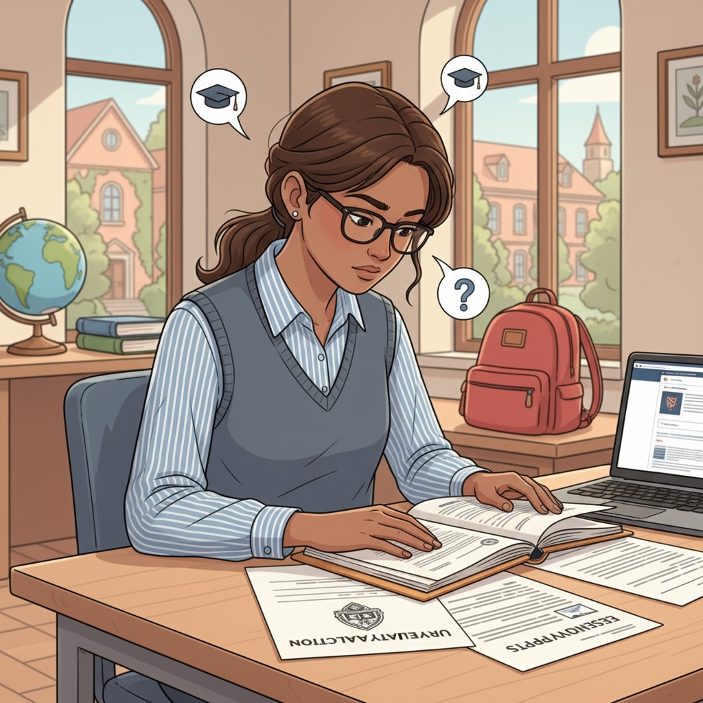 A student is sitting at a desk, looking intently at university application materials, highlighting the focus on university applications. A student engaged in university application activities related to scholarships and extracurricular considerations