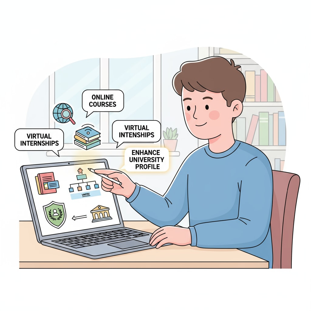 A student is using a laptop to actively participate in an online activity, emphasizing the use of online resources for enhancing university application profiles. A student involved in an online activity relevant to university applications, scholarships, and extracurricular development