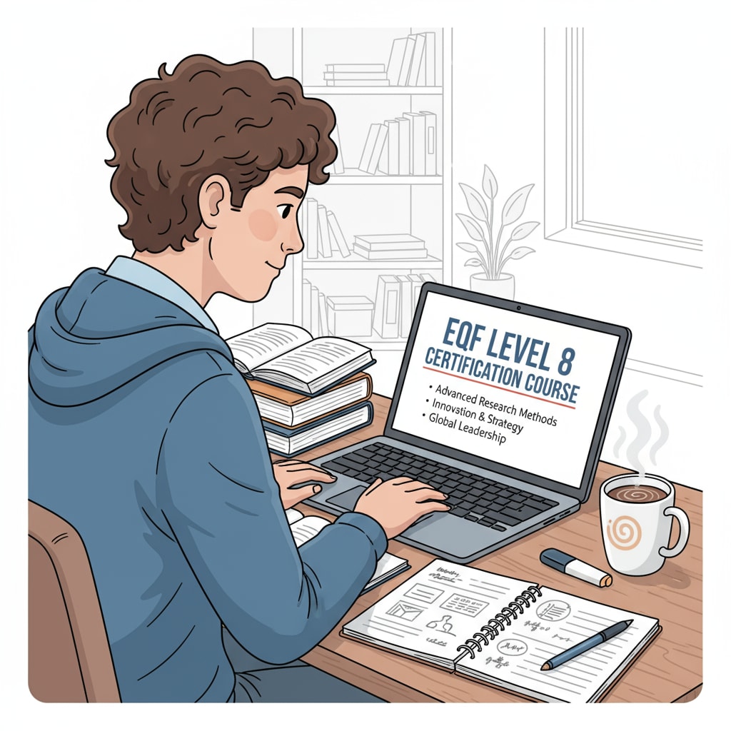 A person sitting at a desk, focused on studying an EQF 8 level certification course on a laptop, with notes and a cup of coffee nearby. A full-time worker engaged in online study of EQF 8 level certification