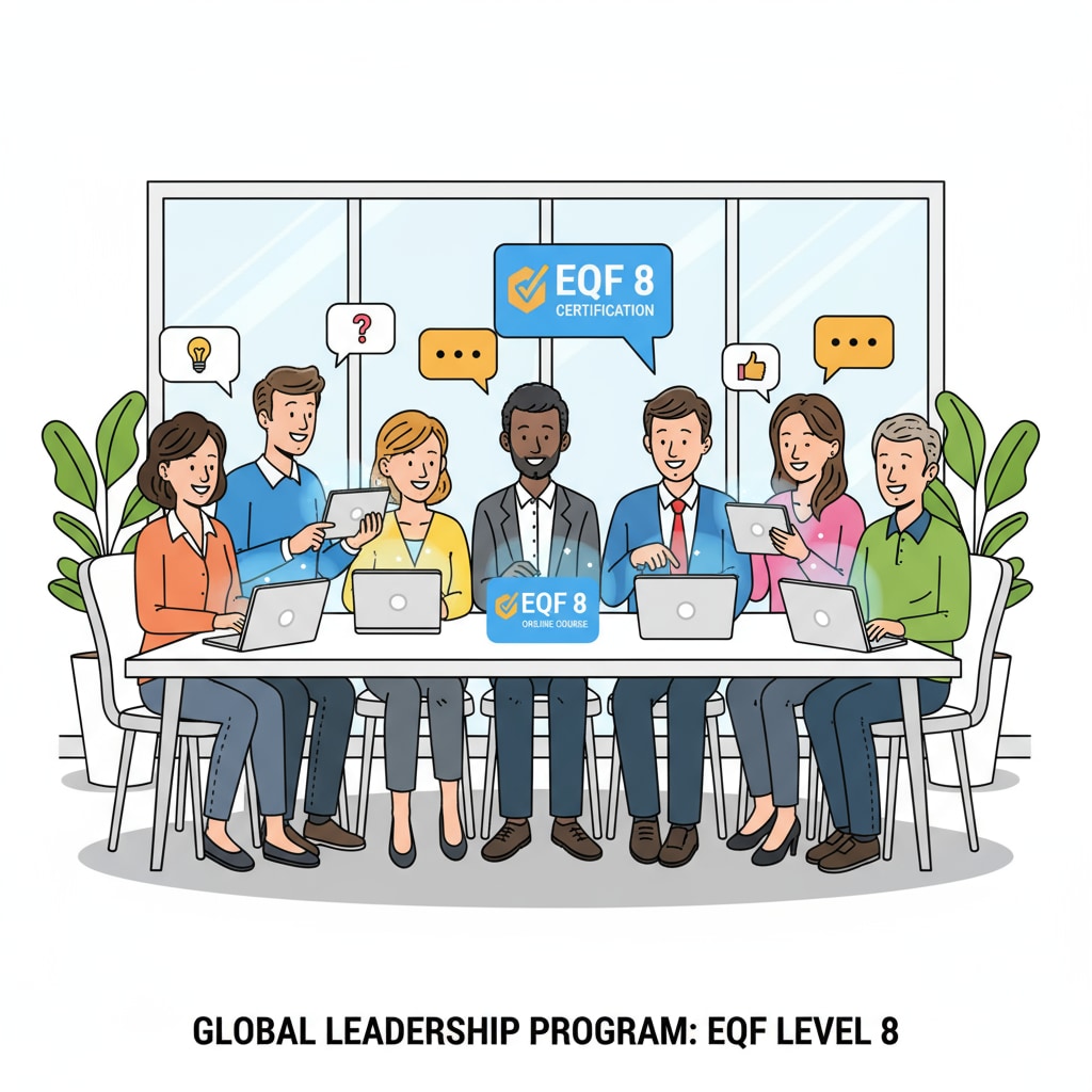 A group of diverse individuals, representing full-time workers, smiling and interacting while participating in an online EQF 8 certification course on their devices. Full-time workers enjoying the online learning experience for EQF 8 certification