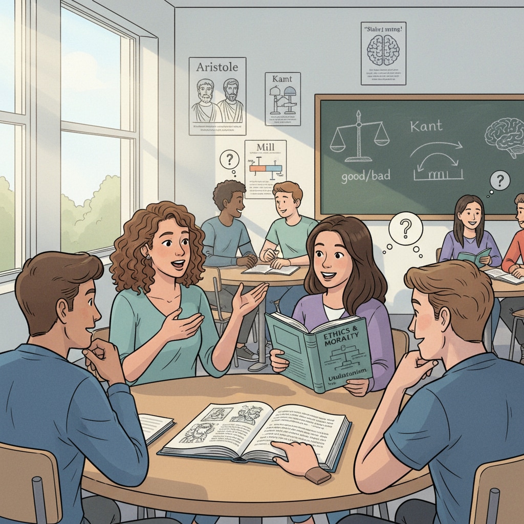 A classroom scene where students are engaged in a lively discussion about moral philosophy topics, with an open book on the table. Classroom discussion on moral philosophy and ethics to cultivate empathy